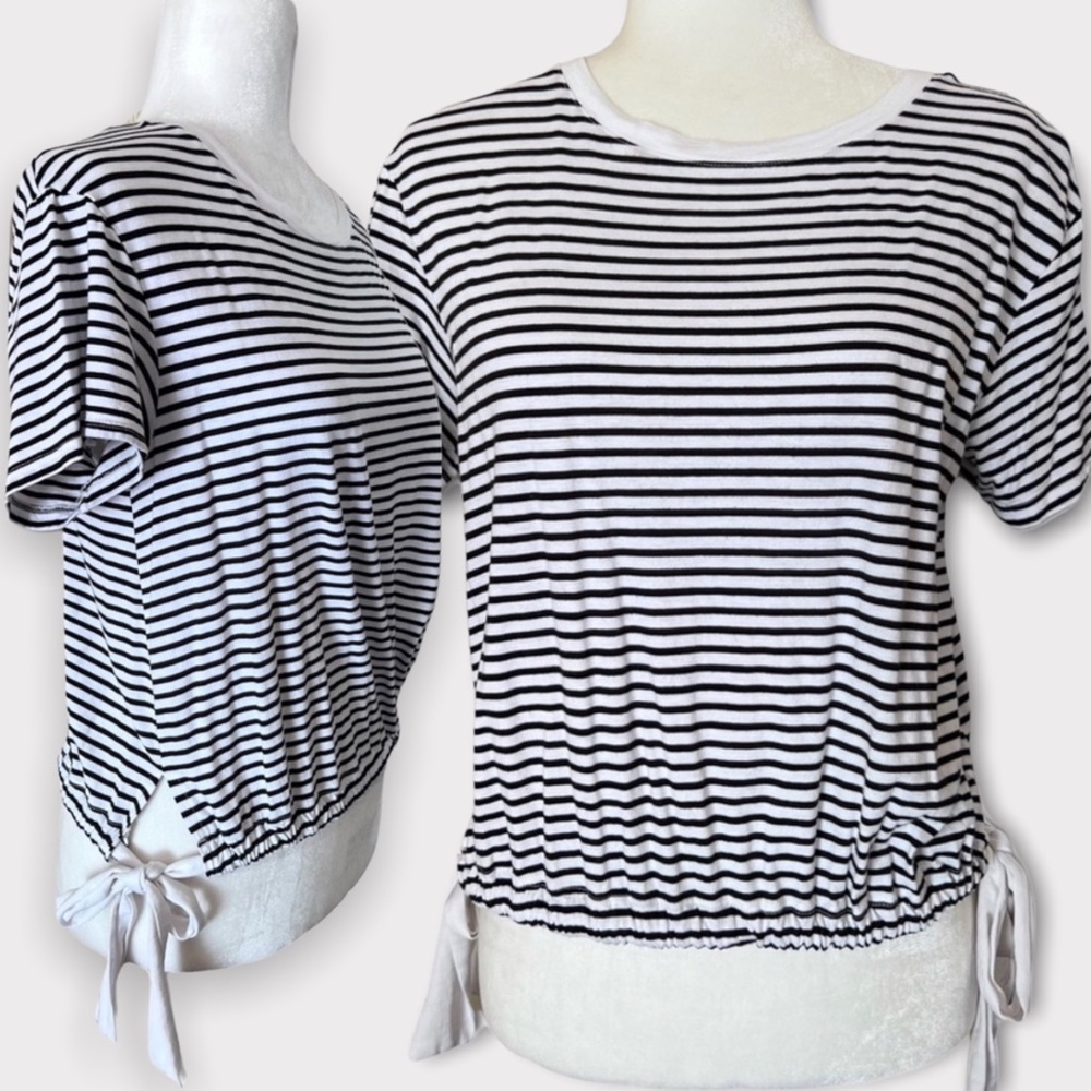 A New Day Women's Striped White and Black Tie Sides Short Sleeve Top Size Small
